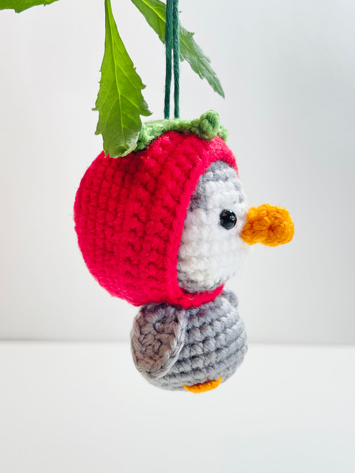 Crochet Penguin Ornament, Strawberry Hat Animal, Handmade Christmas Tree Decoration, Stocking Stuffer Gift