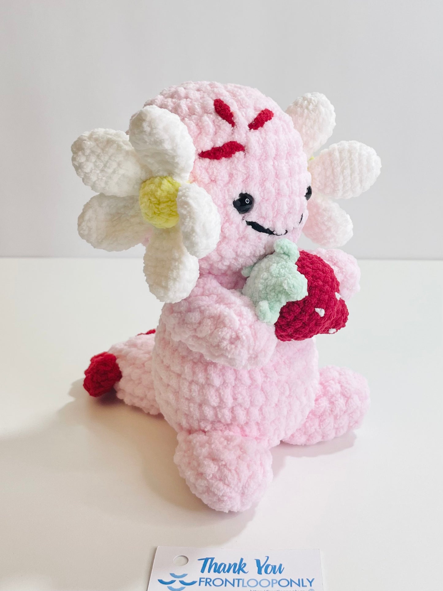 Crochet Strawberry Axolotl Plushie | Handmade Kawaii Axolotl Stuffed Animal | Soft Pink Plush Toy | Strawberry Lover Gift