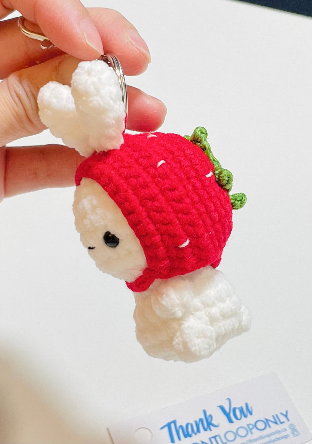 Crochet Strawberry Bunny Keychain – Cute Amigurumi Bunny Bag Charm, Easter Bunny Keychain, Kawaii Strawberry Rabbit