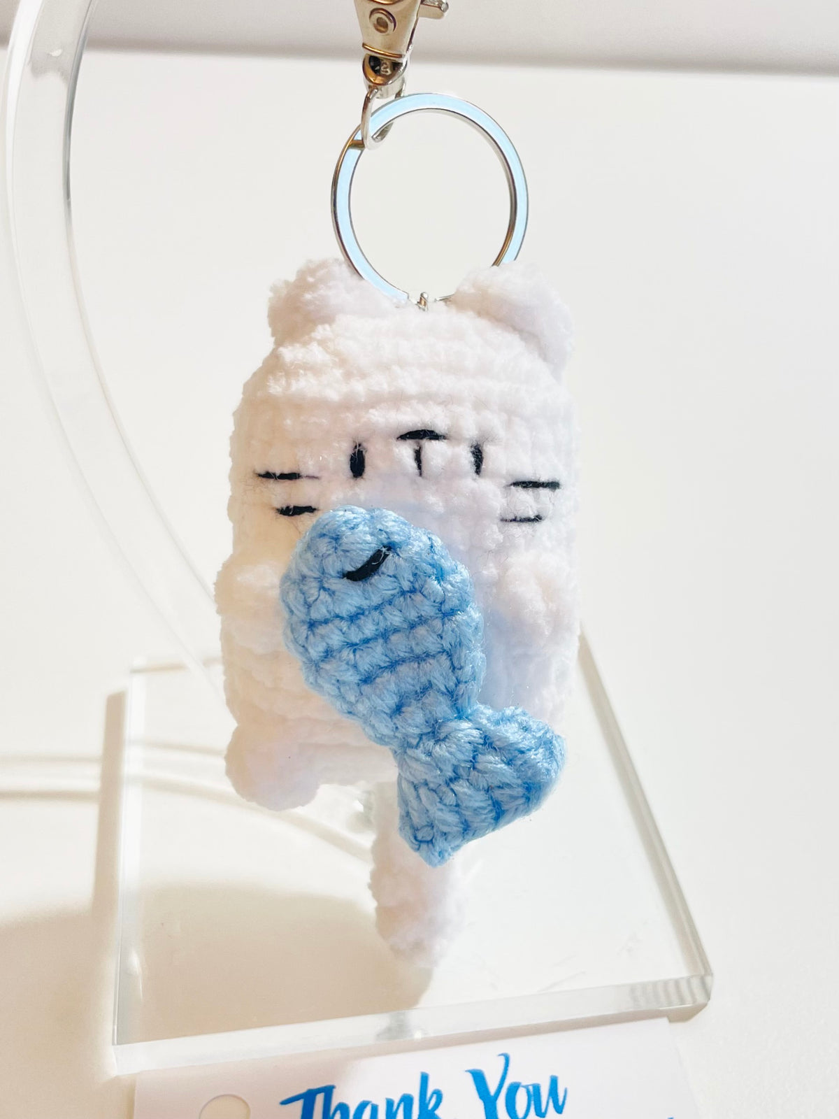 Crochet Cat Keychain Holding Fish, Handmade Sleepy Kitten Bag Charm, Amigurumi Pet Lover