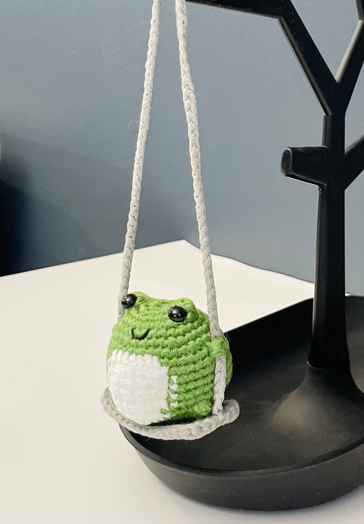 Crochet Frog on a Swing Car Charm – Handmade Rearview Mirror Hanging Ornament – Frog Car Accessory