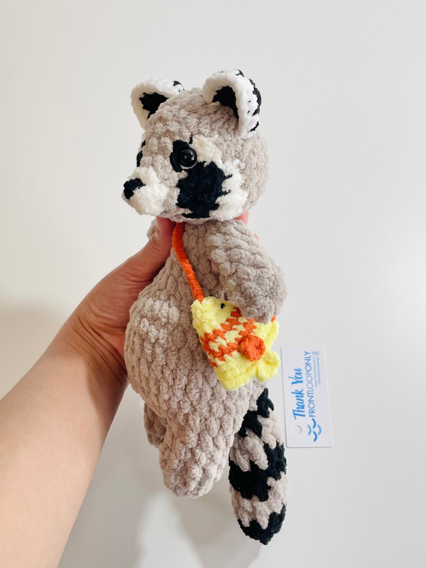Crochet Snuggly Raccoon Plush with Fish Bag| Handmade Raccoon Amigurumi | Woodland Animal Plushie | Nursery Decor | Unique Gift for Animal Lovers