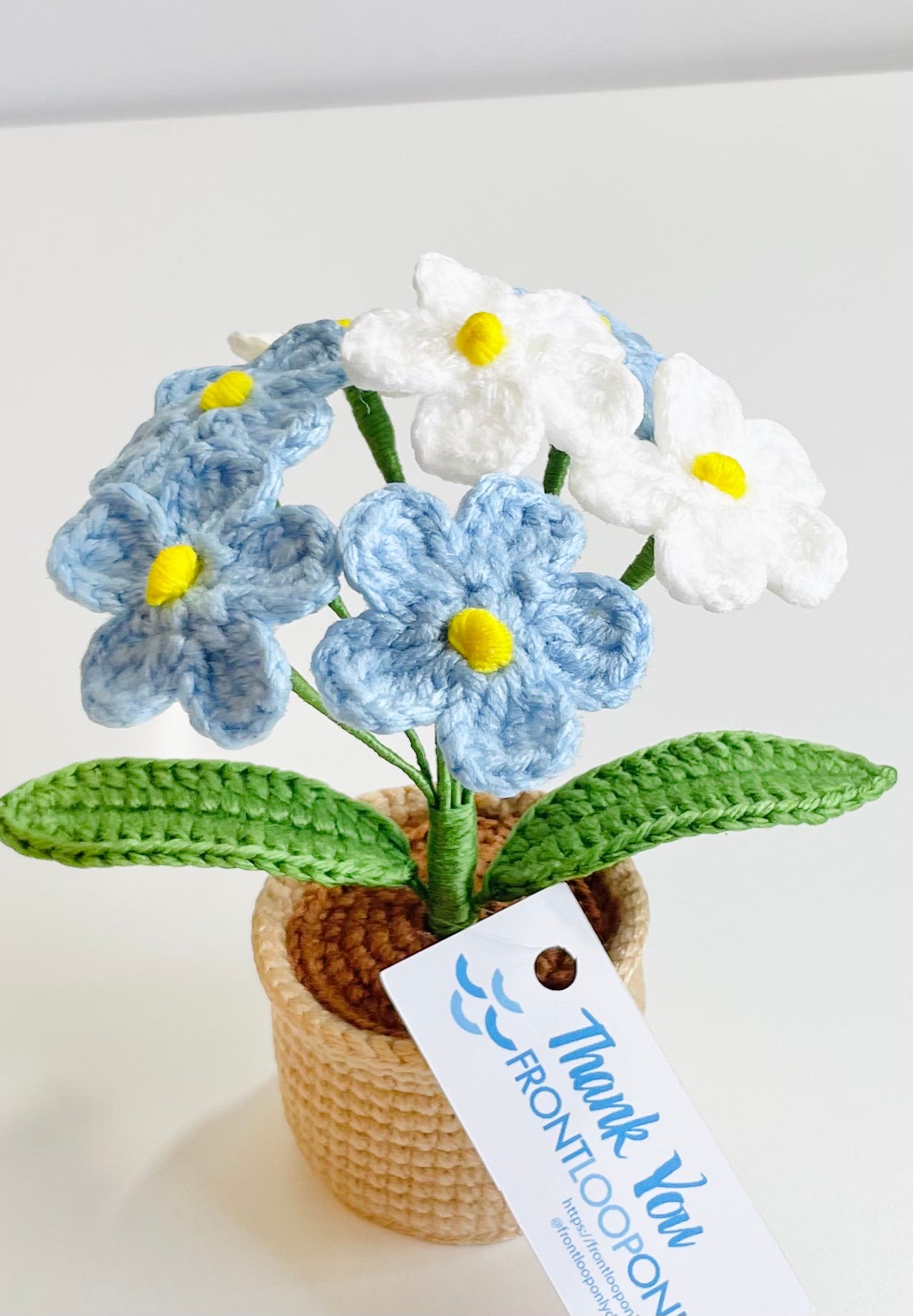 Crochet Forget Me Not Flower Pot – Amigurumi Blue Floral Desk Decor Keepsake