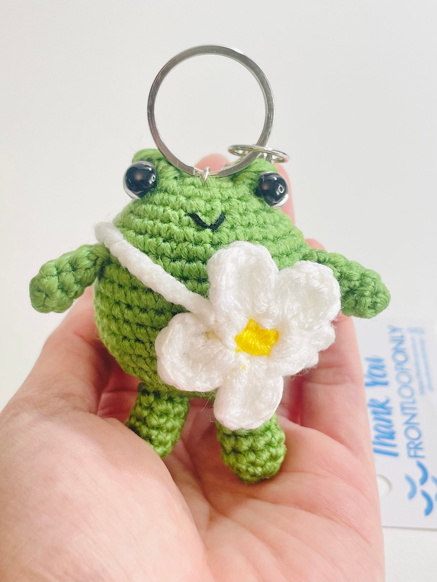 Crochet Frog Keychain with Flower, Kawaii Frog Keyring, Handmade Amigurumi Animal Bag Charm
