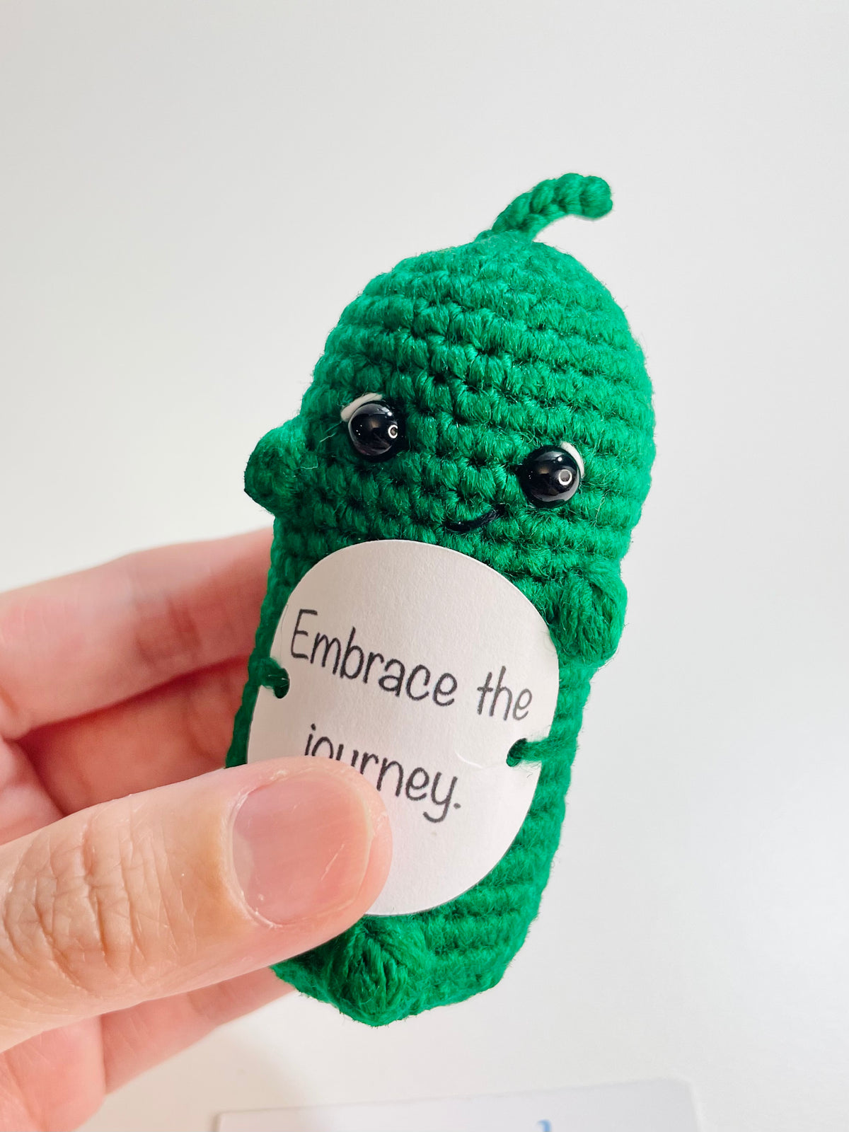 Crocheted Positive Pickle – Amigurumi Emotional Support Desk Buddy with Inspirational Card