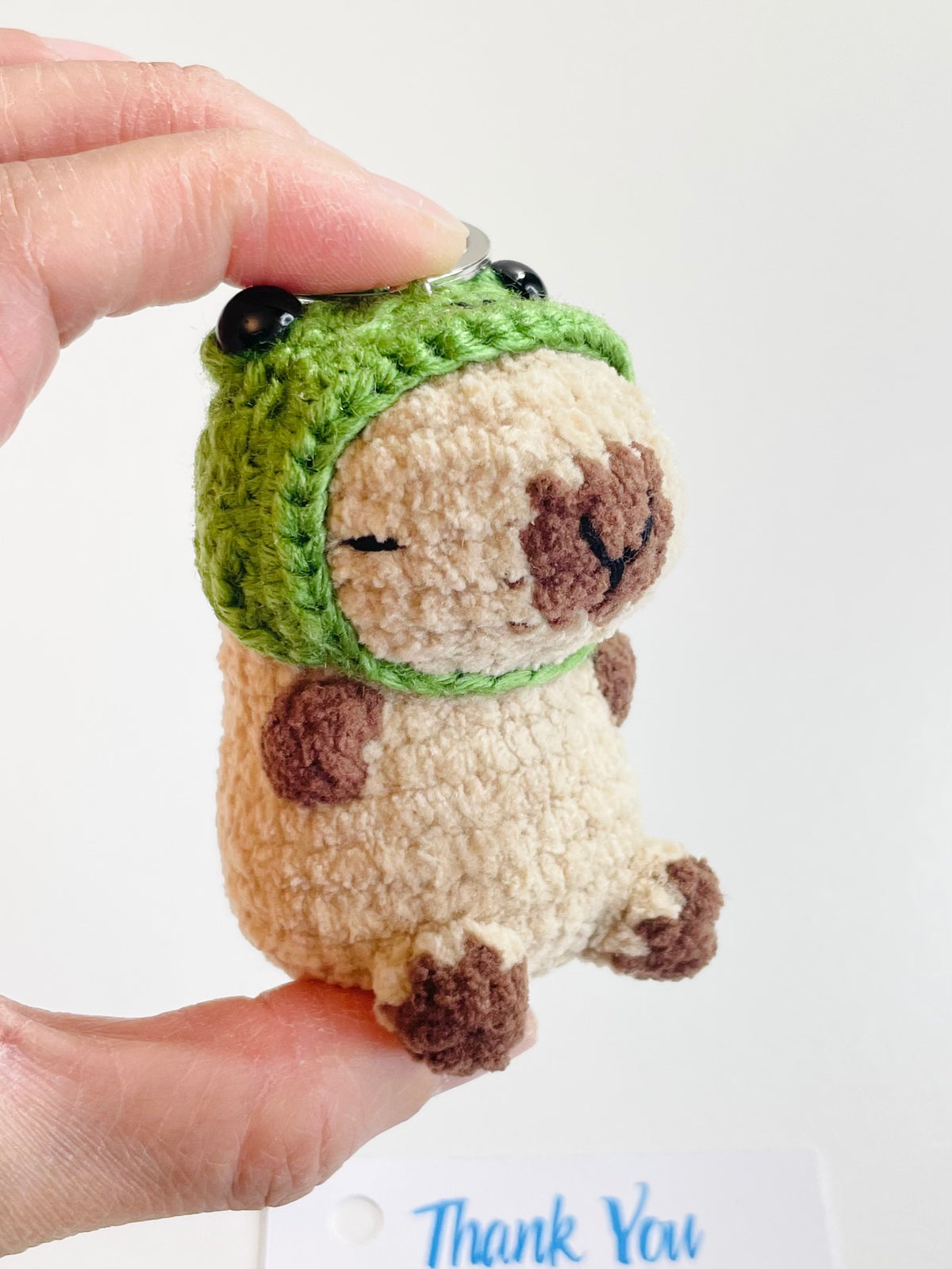 Crochet Chubby Capybara Keychain with Frog Hat, Handmade Animal Bag Charm, Amigurumi Backpack