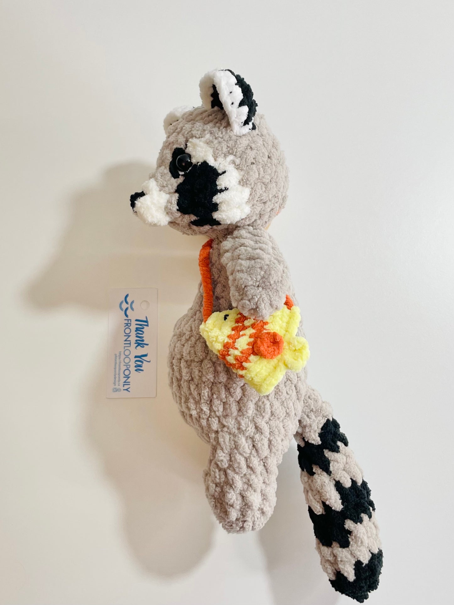 Crochet Snuggly Raccoon Plush with Fish Bag| Handmade Raccoon Amigurumi | Woodland Animal Plushie | Nursery Decor | Unique Gift for Animal Lovers