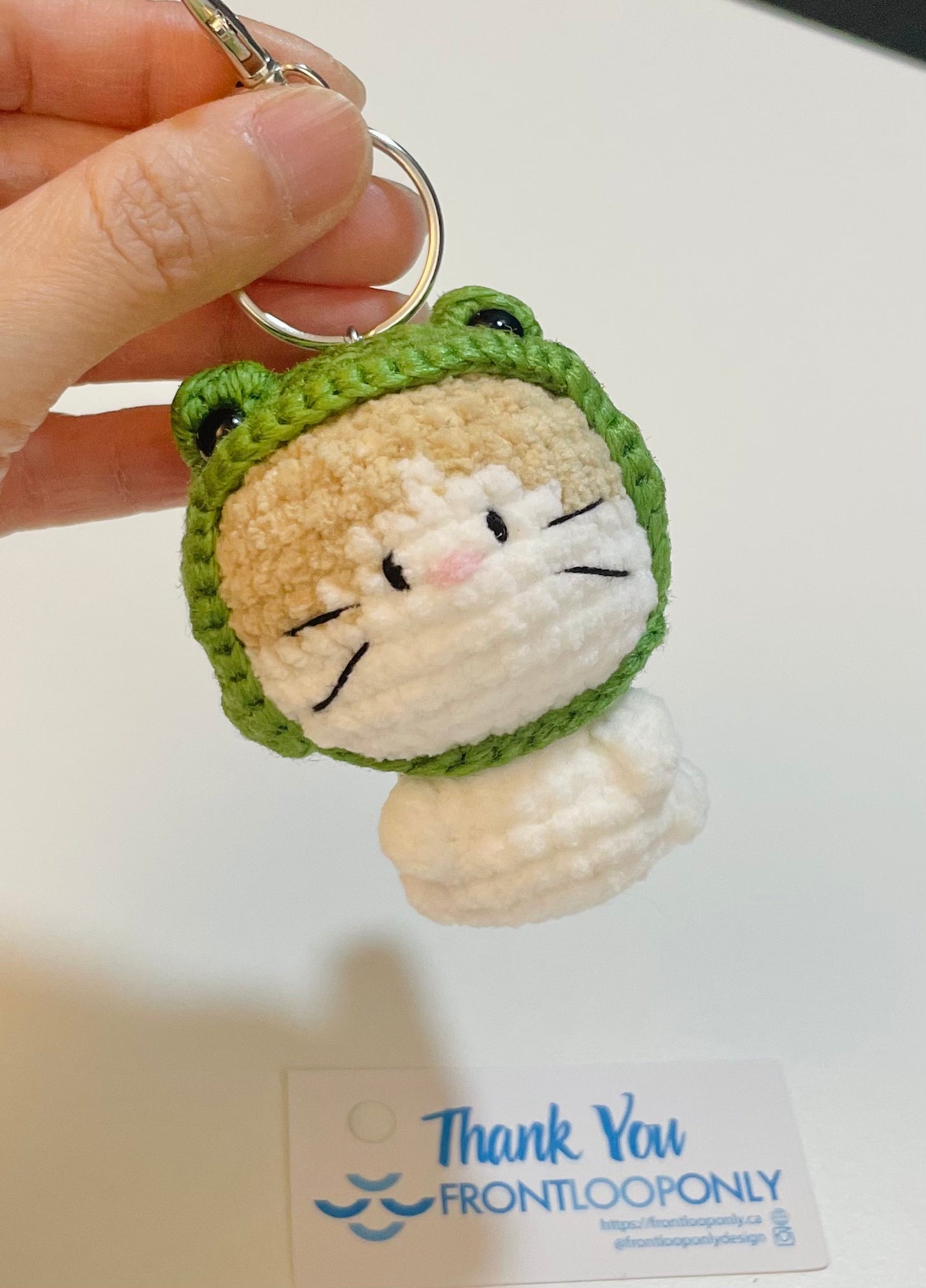 Crochet Cat Frog Hat Keychain – Amigurumi Kitty Plush Bag Charm