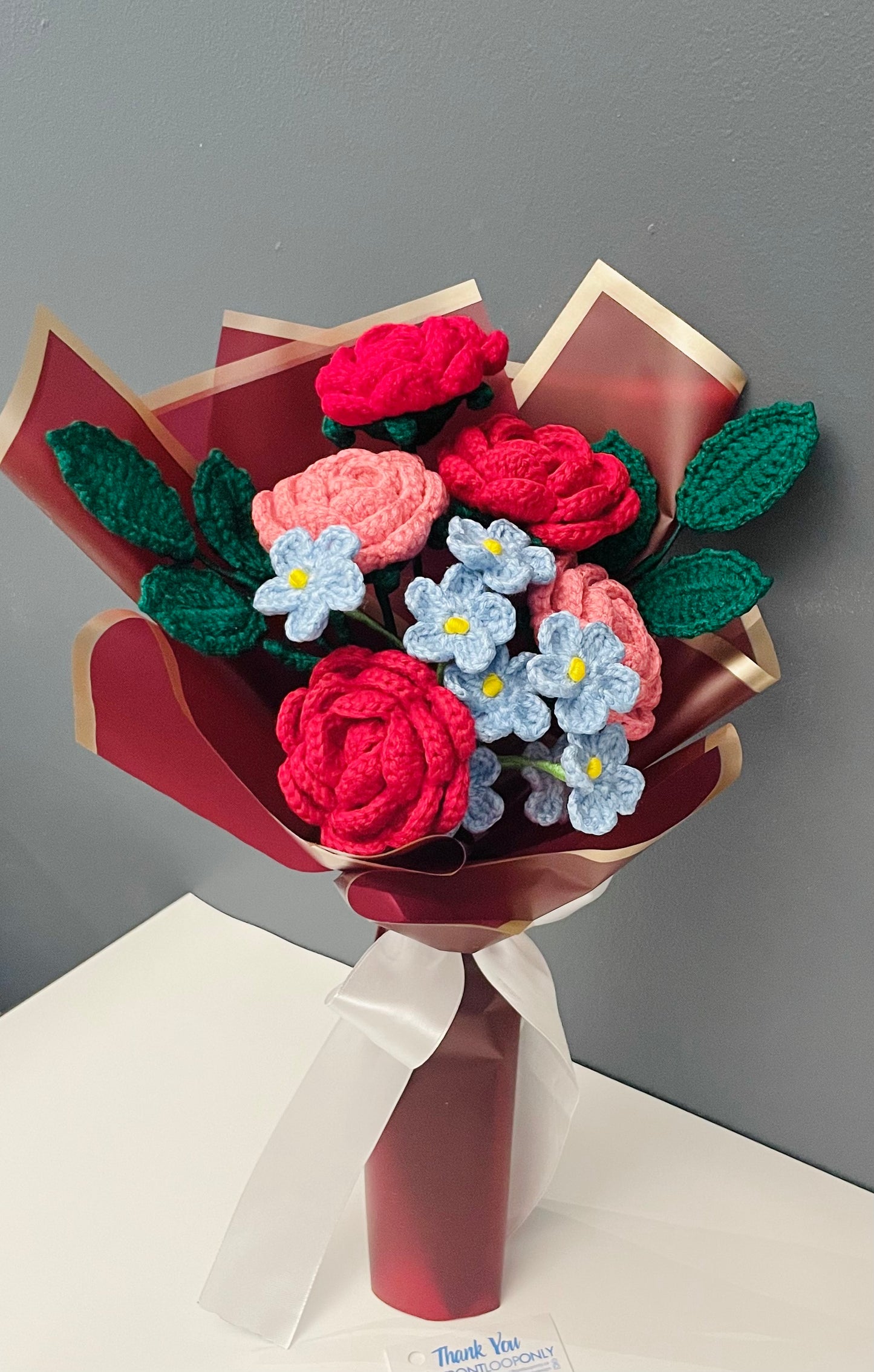 Crochet Flower Bouquet – Handmade Rose & Forget-Me-Not  Flowers Gift