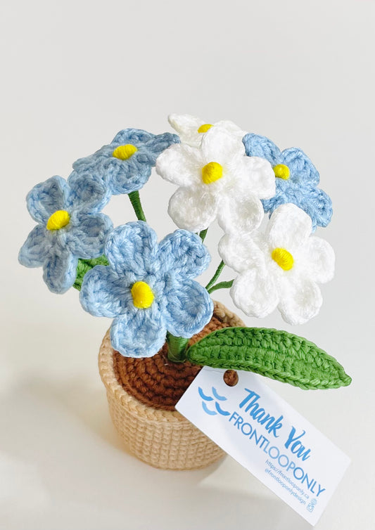 Crochet Forget Me Not Flower Pot – Amigurumi Blue Floral Desk Decor Keepsake