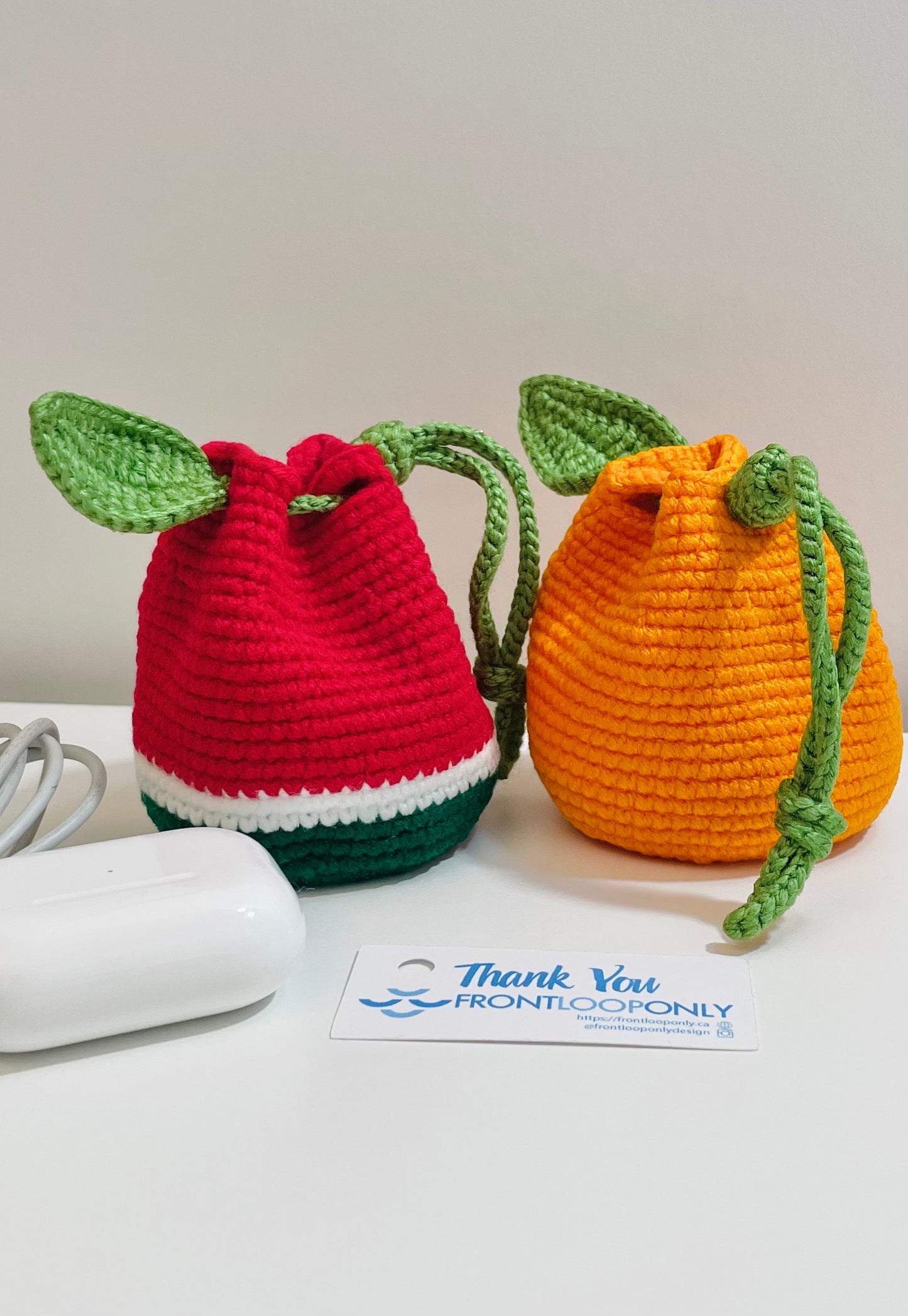 Crochet Orange Watermelon Pouch – Mini Drawstring Fruit Coin Purse, Earbud Holder