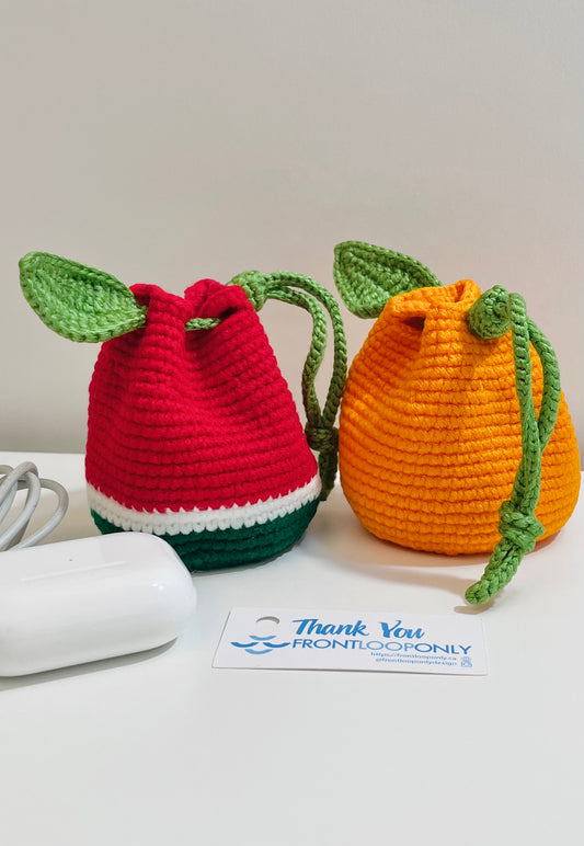Crochet Orange Watermelon Pouch – Mini Drawstring Fruit Coin Purse, Earbud Holder