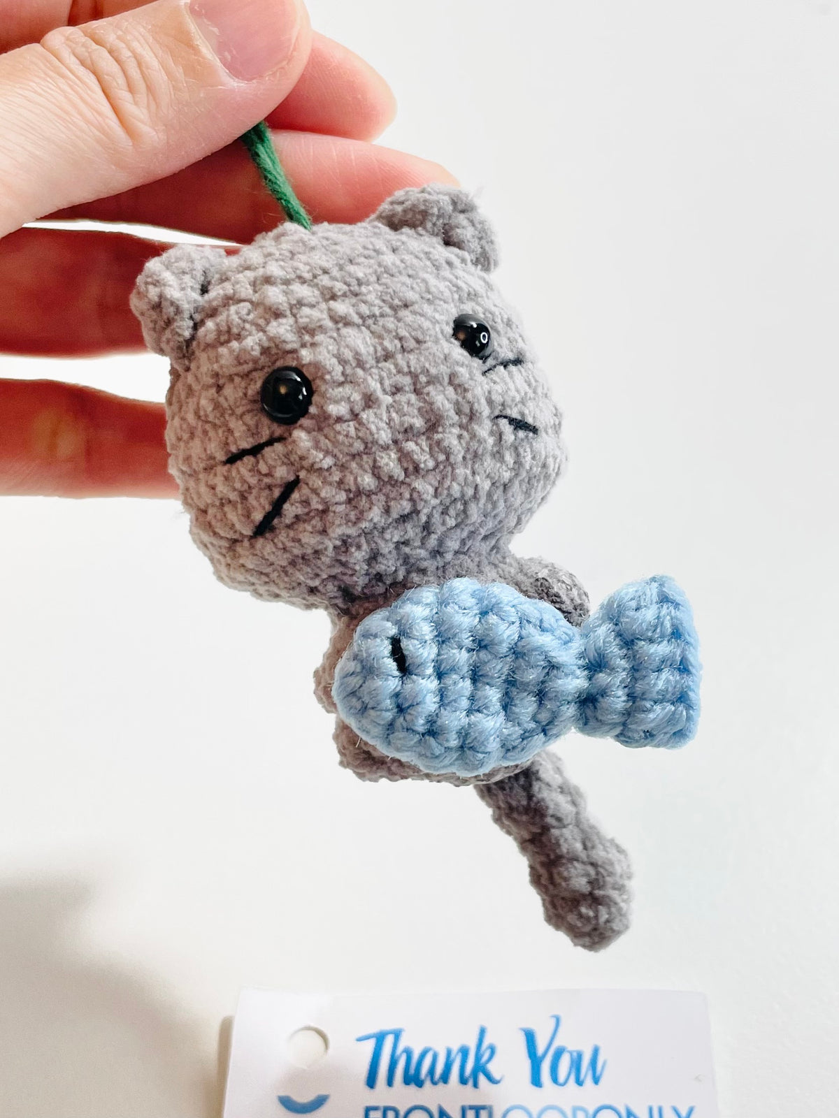 Handmade Crochet Cat Ornament with Fish, Christmas Tree Decoration, Kitten Lover Gift, Stocking Stuffer