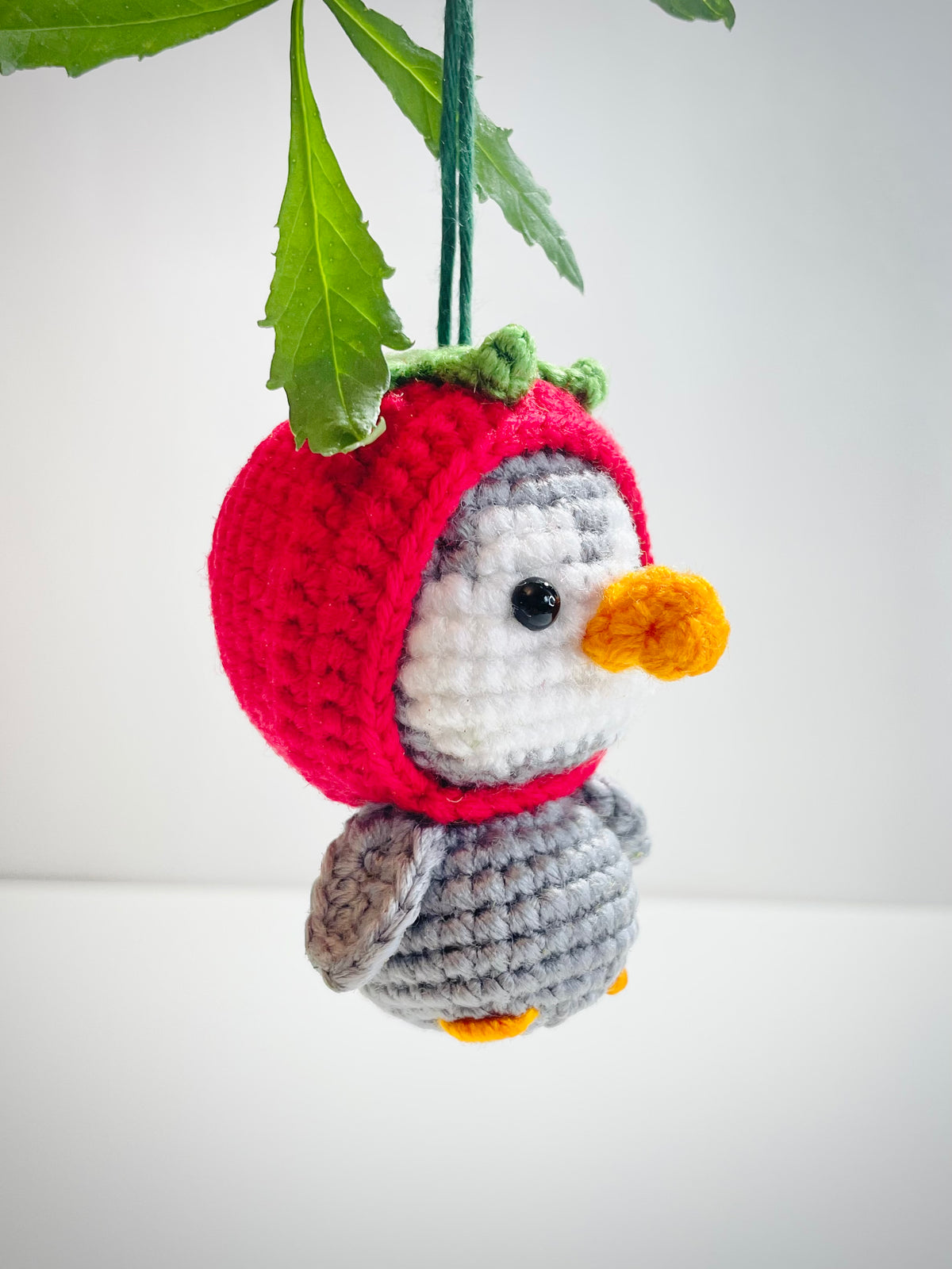 Crochet Penguin Ornament, Strawberry Hat Animal, Handmade Christmas Tree Decoration, Stocking Stuffer Gift