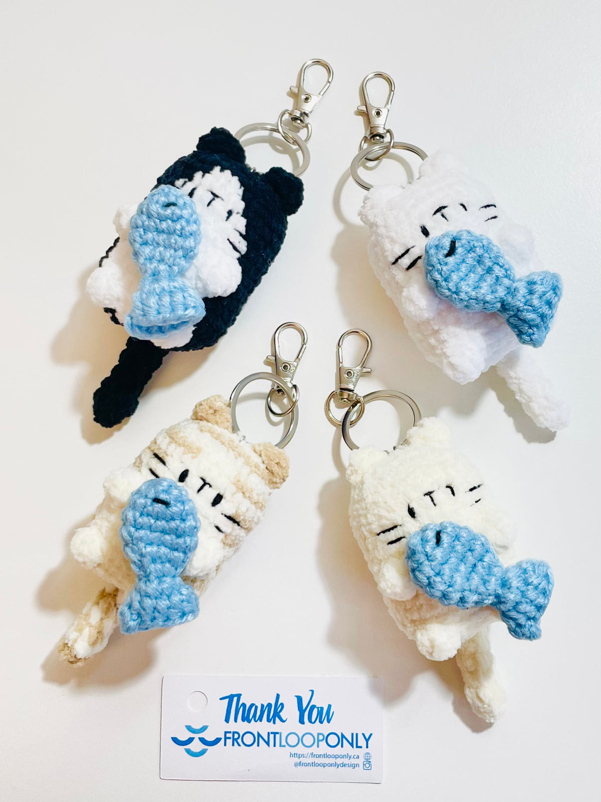 Crochet Cat Keychain Holding Fish, Handmade Sleepy Kitten Bag Charm, Amigurumi Pet Lover