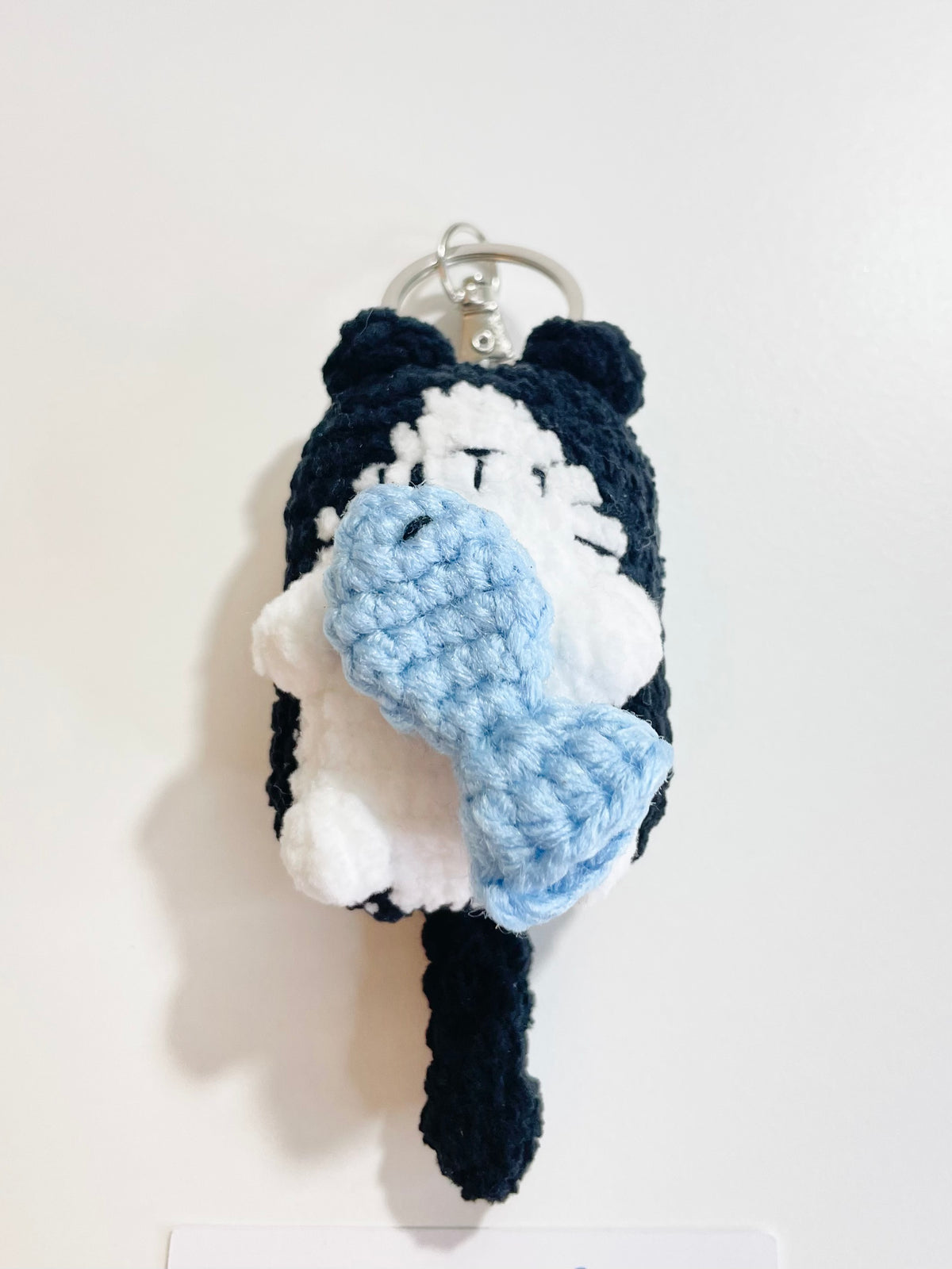 Crochet Cat Keychain Holding Fish, Handmade Sleepy Kitten Bag Charm, Amigurumi Pet Lover