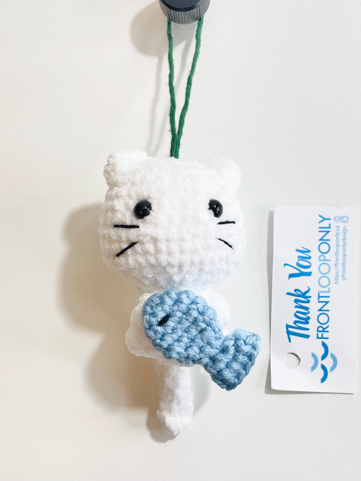 Handmade Crochet Cat Ornament with Fish, Christmas Tree Decoration, Kitten Lover Gift, Stocking Stuffer