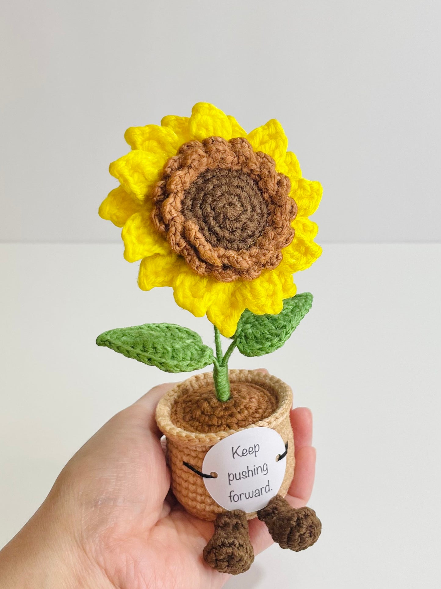 Crochet Flower Pot with Positive Message | Tulip, Sunflower, Rose Desk Decor