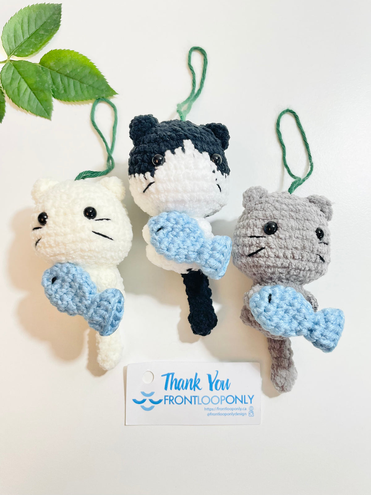 Handmade Crochet Cat Ornament with Fish, Christmas Tree Decoration, Kitten Lover Gift, Stocking Stuffer