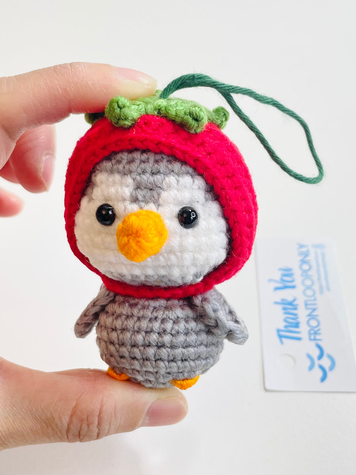 Crochet Penguin Ornament, Strawberry Hat Animal, Handmade Christmas Tree Decoration, Stocking Stuffer Gift