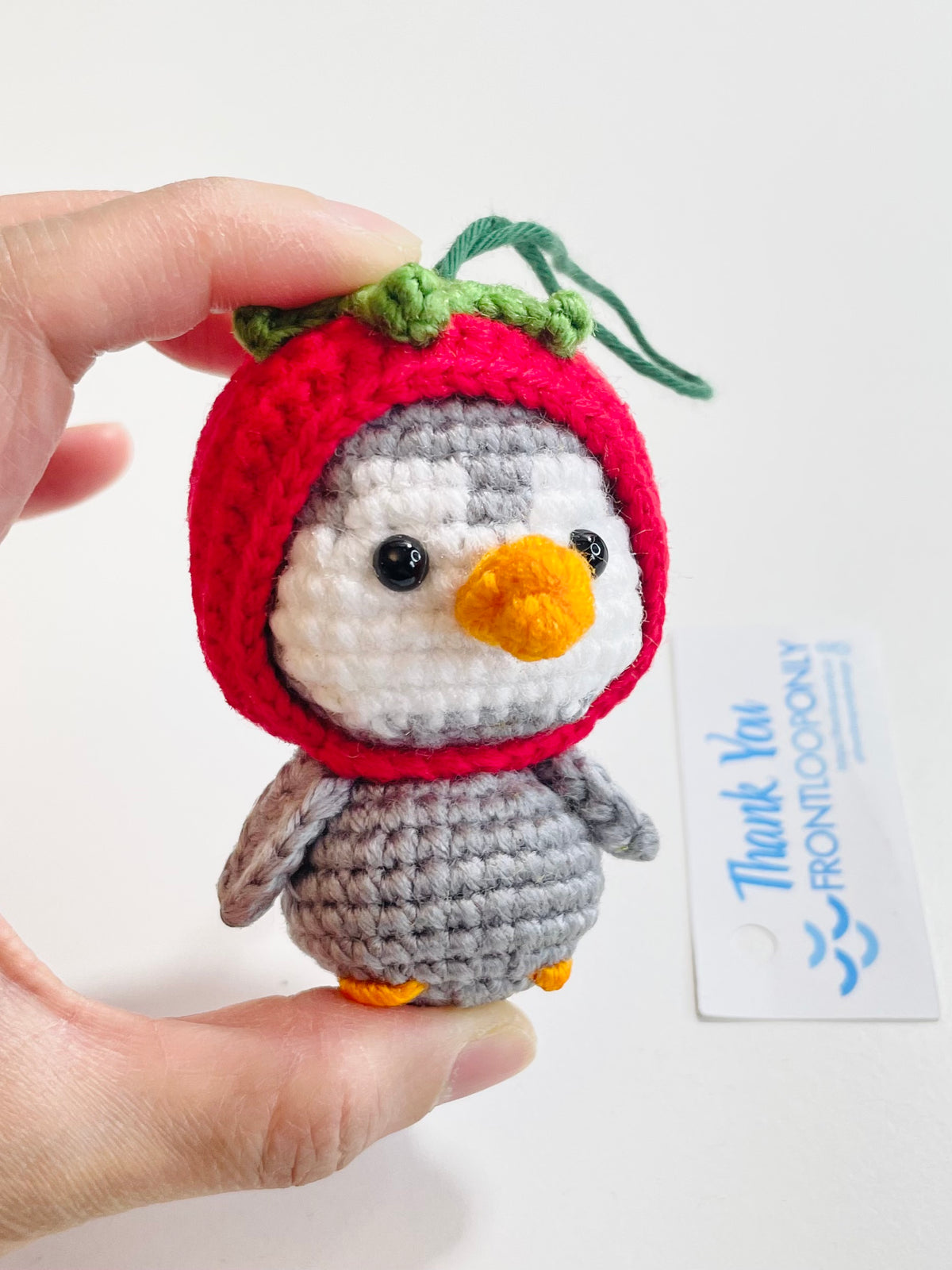 Crochet Penguin Ornament, Strawberry Hat Animal, Handmade Christmas Tree Decoration, Stocking Stuffer Gift