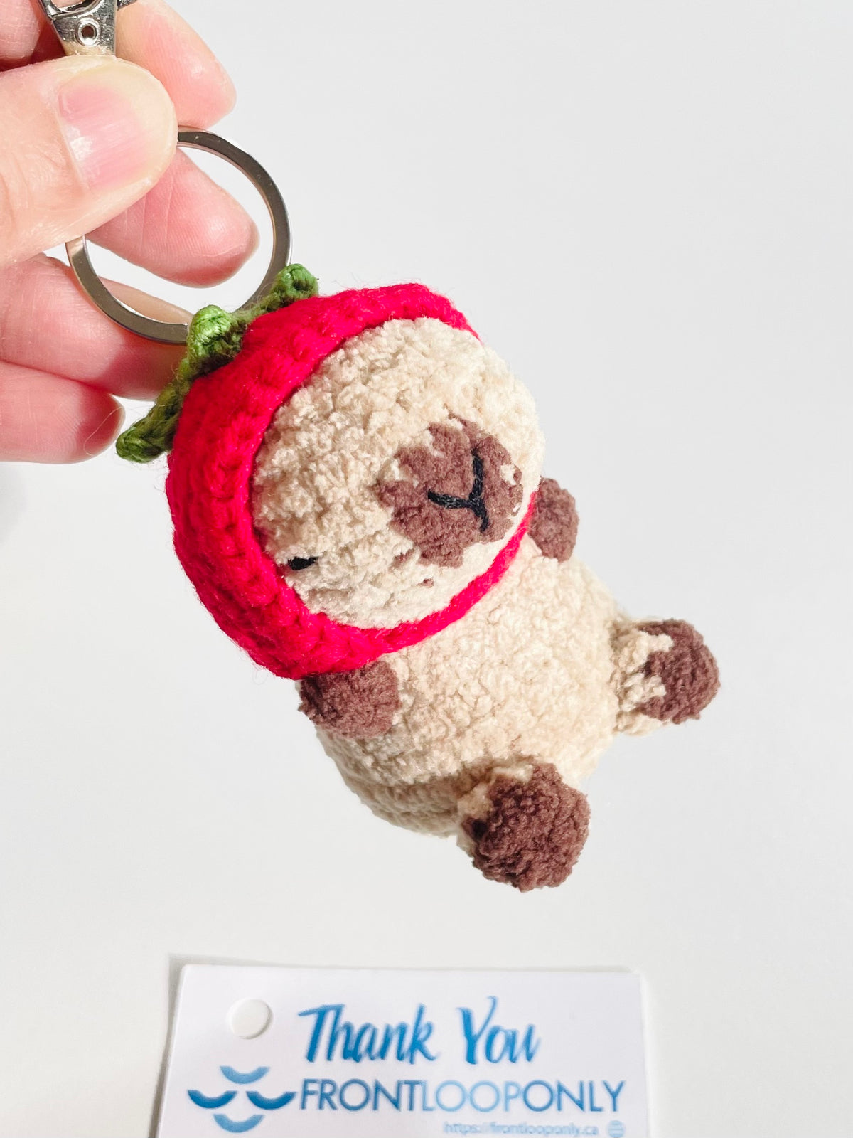 Crochet Capybara Keychain with Strawberry Hat, Handmade Animal Bag Charm, Kawaii Backpack Accessory