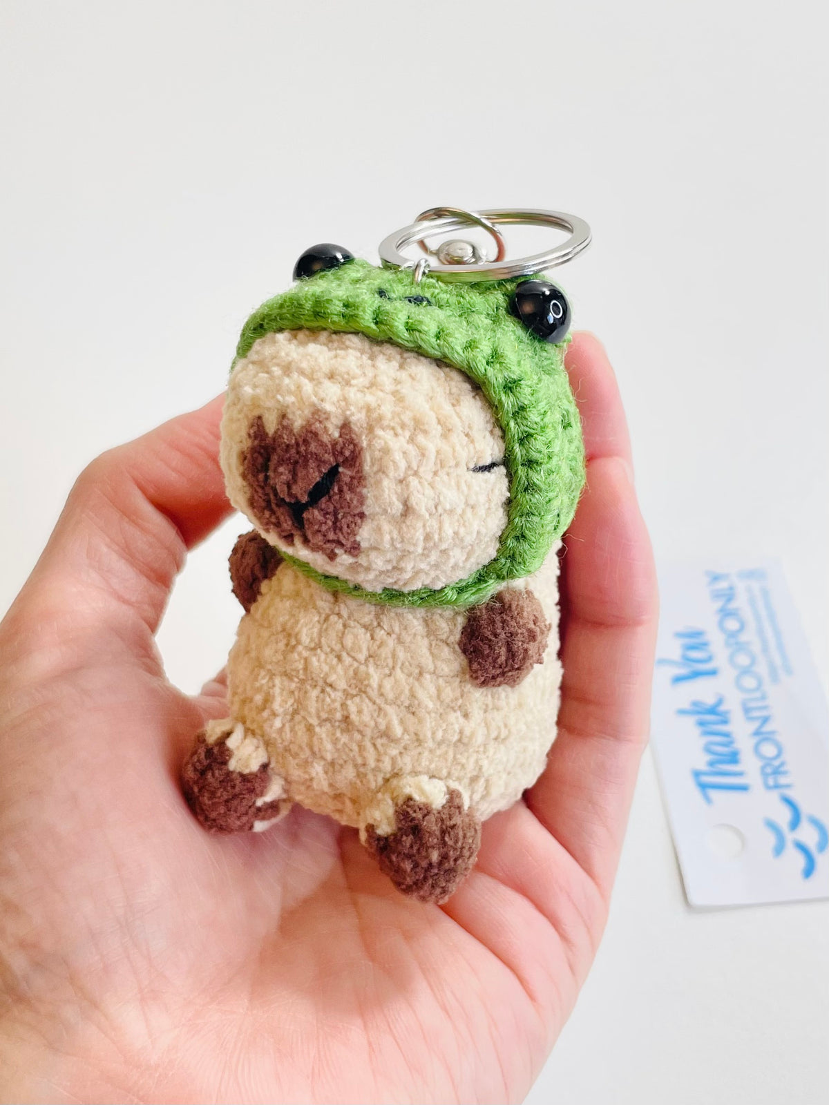 Crochet Chubby Capybara Keychain with Frog Hat, Handmade Animal Bag Charm, Amigurumi Backpack