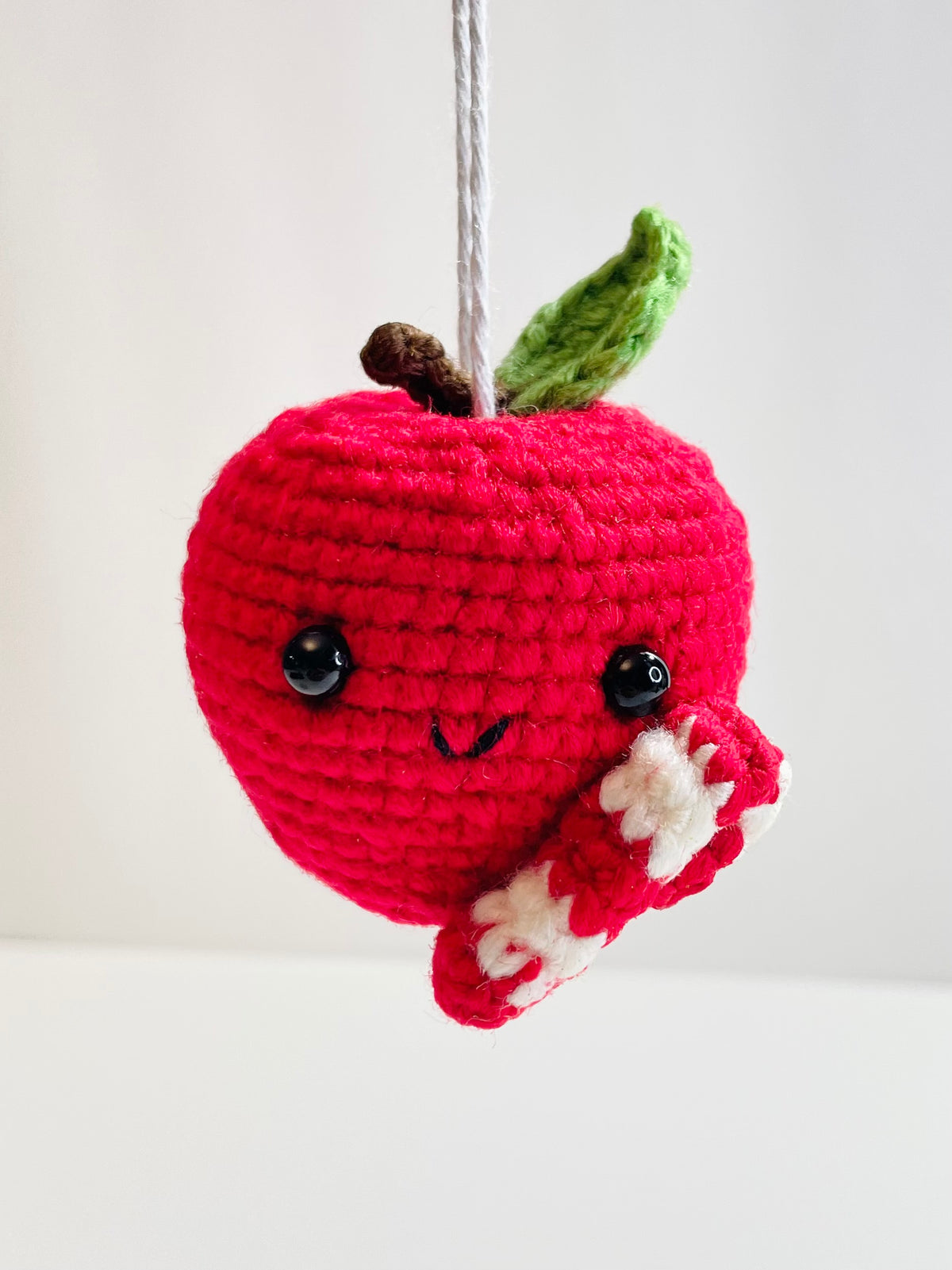 Handmade Crochet Apple Ornament, Candy Cane Christmas Decor, Teacher Gift, Fruit Keepsake