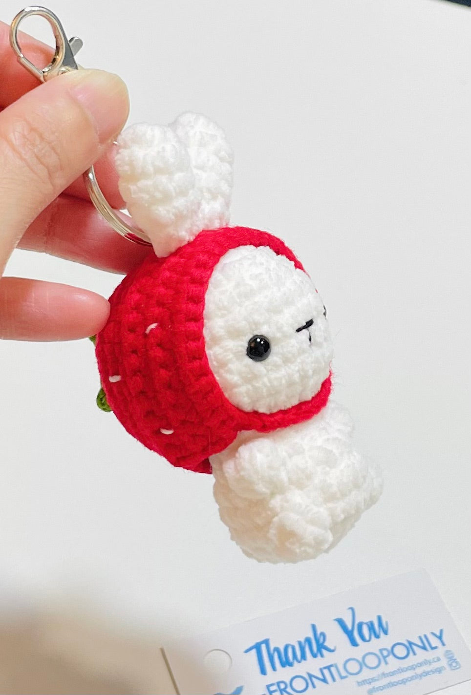 Crochet Strawberry Bunny Keychain – Cute Amigurumi Bunny Bag Charm, Easter Bunny Keychain, Kawaii Strawberry Rabbit
