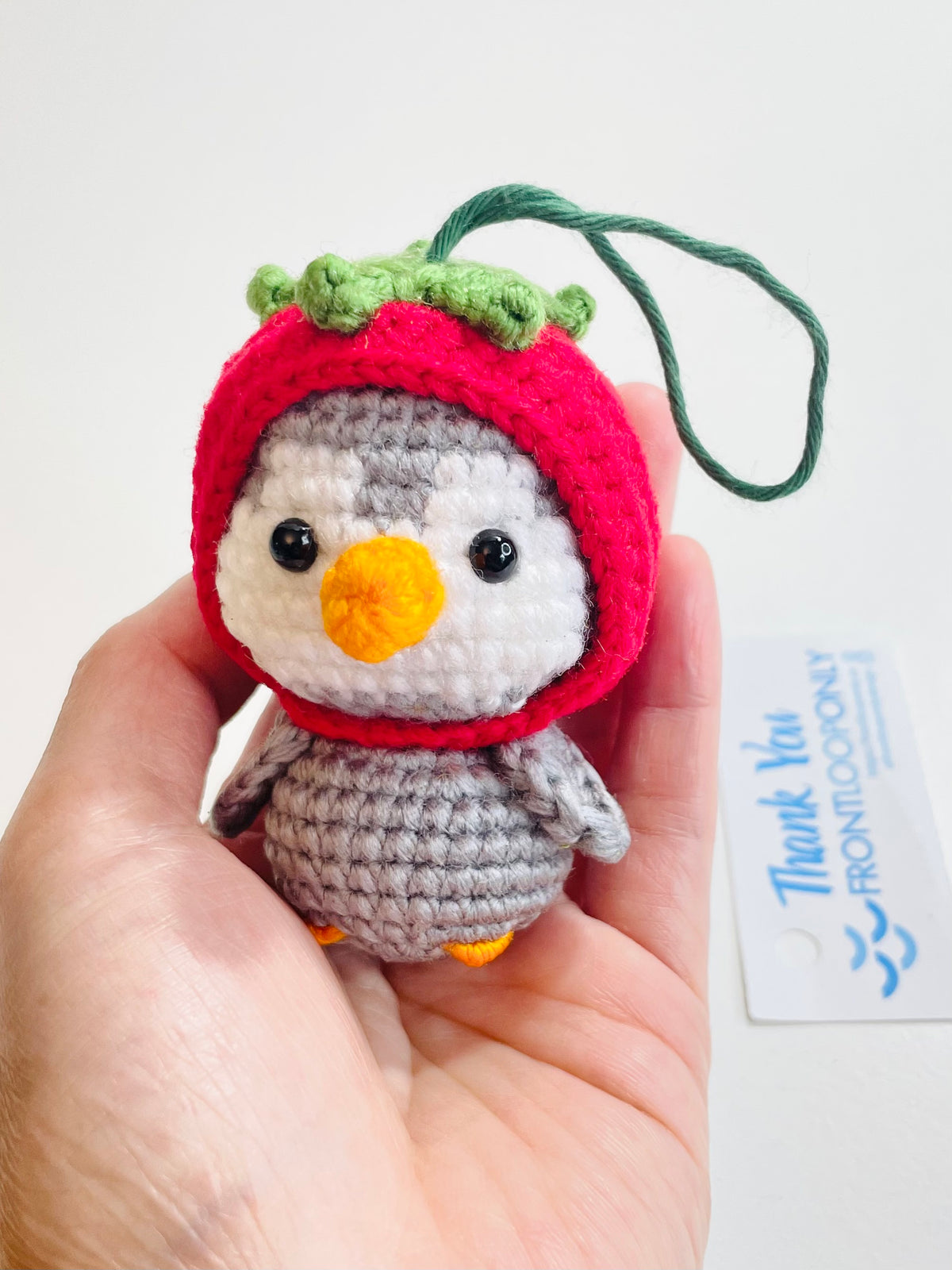 Crochet Penguin Ornament, Strawberry Hat Animal, Handmade Christmas Tree Decoration, Stocking Stuffer Gift