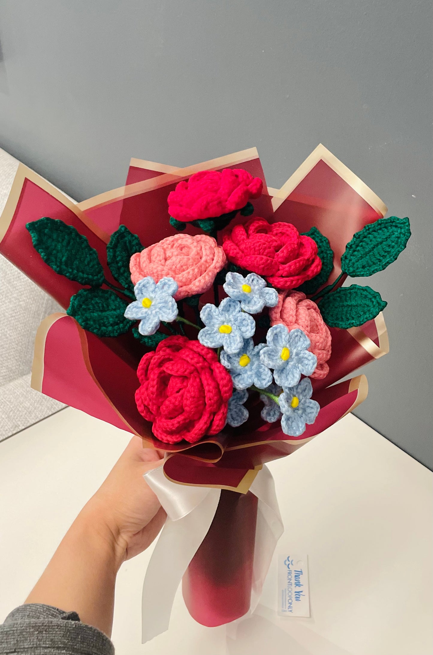 Crochet Flower Bouquet – Handmade Rose & Forget-Me-Not  Flowers Gift