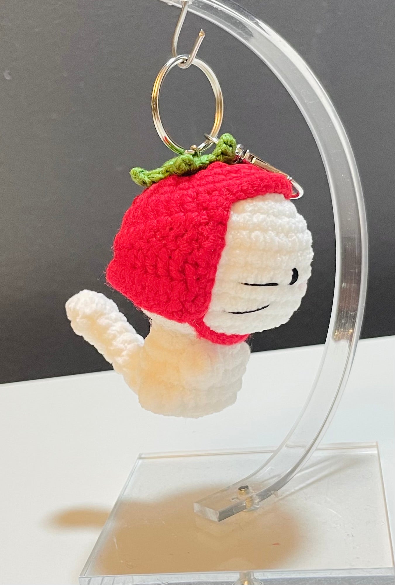 Crochet Cat Strawberry Hat Keychain – Amigurumi Kitty Plush Bag Charm