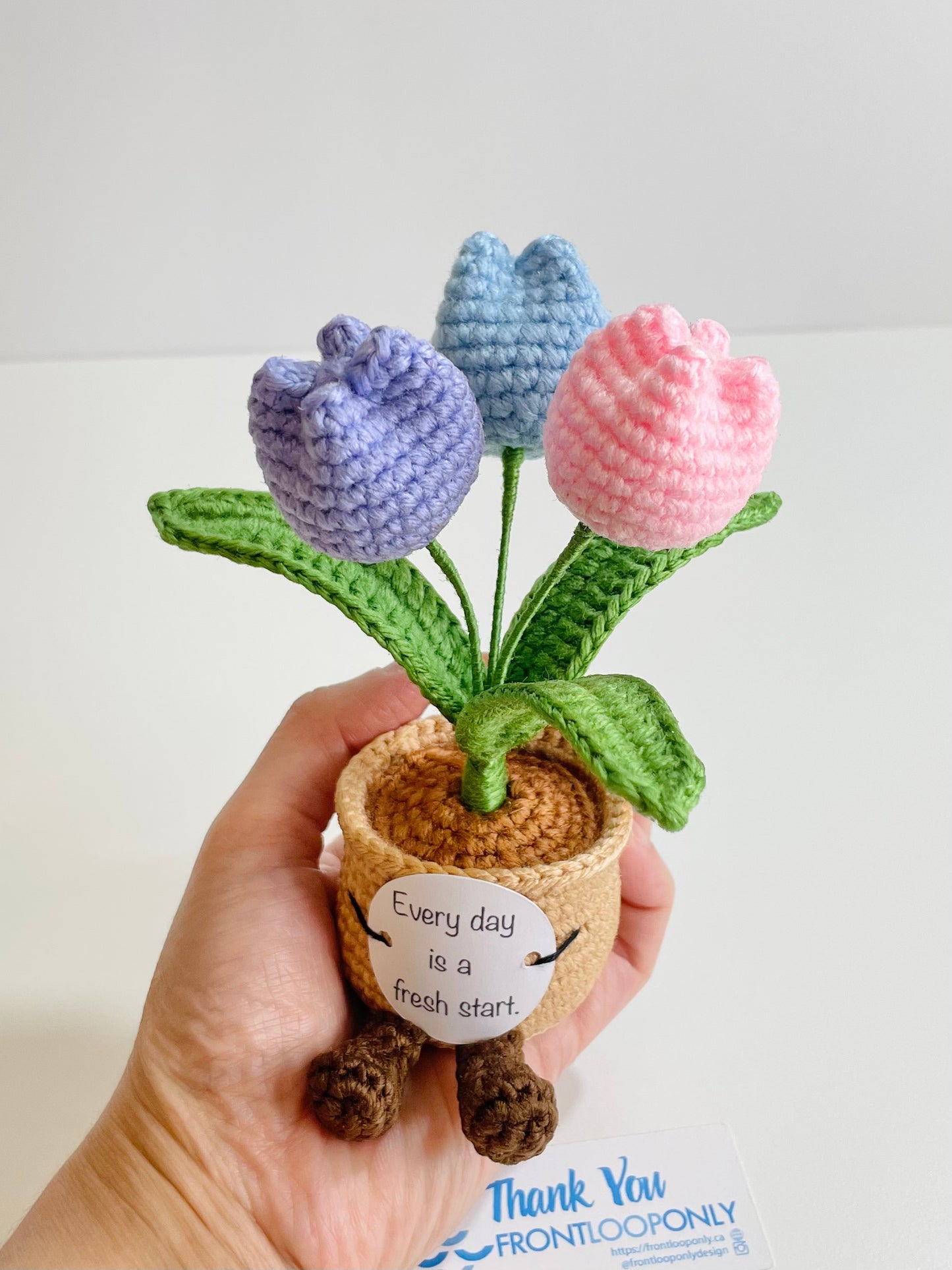 Crochet Flower Pot with Positive Message | Tulip, Sunflower, Rose Desk Decor