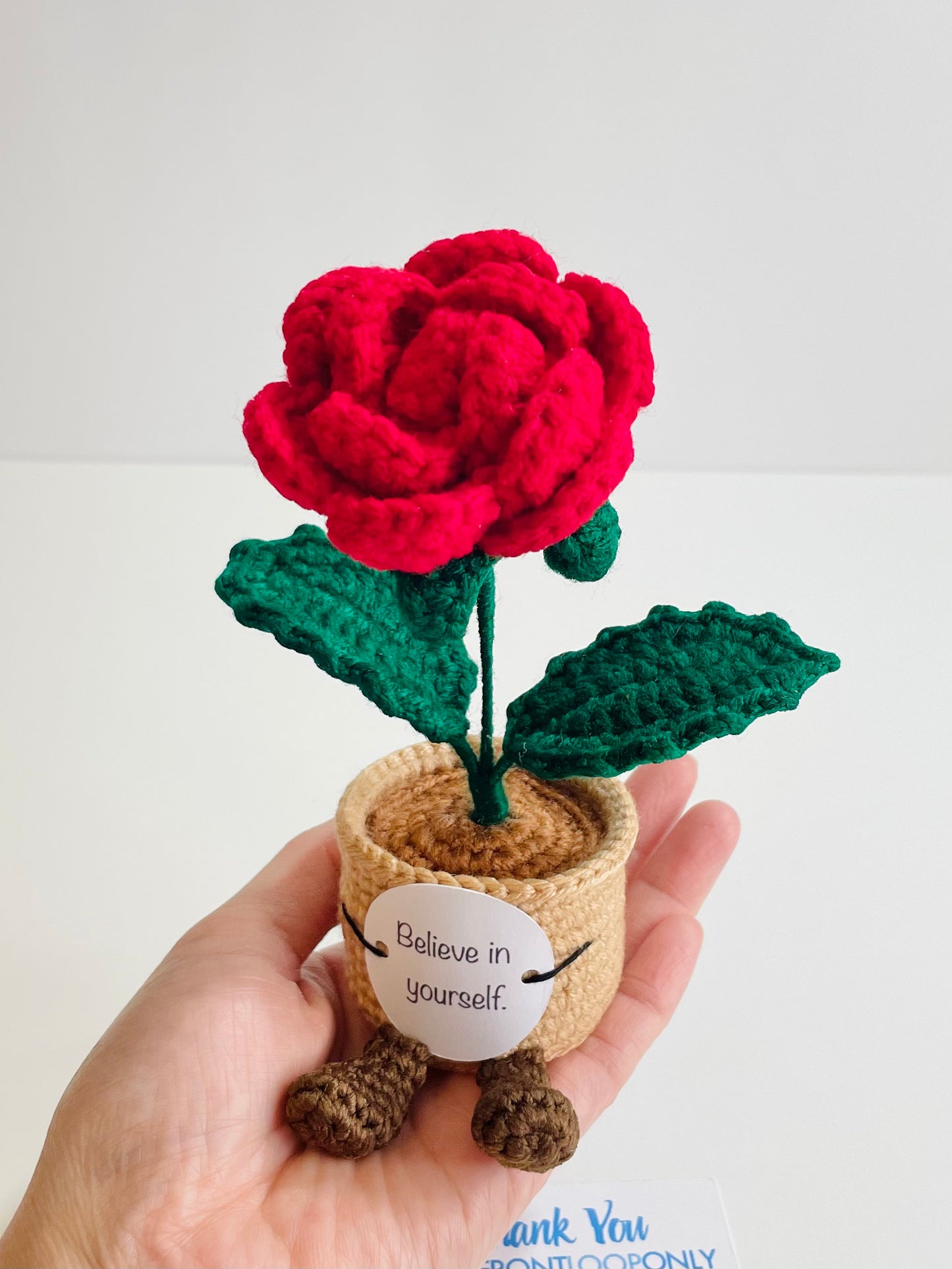 Crochet Flower Pot with Positive Message | Tulip, Sunflower, Rose Desk Decor