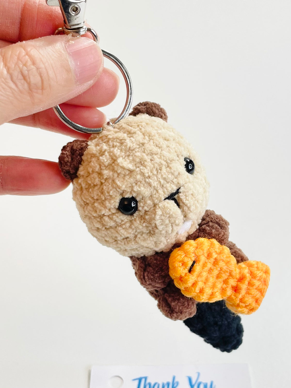 Crochet Beaver Keychain Holding Fish, Handmade Woodland Animal Bag Charm, Canadian Wildlife Gift