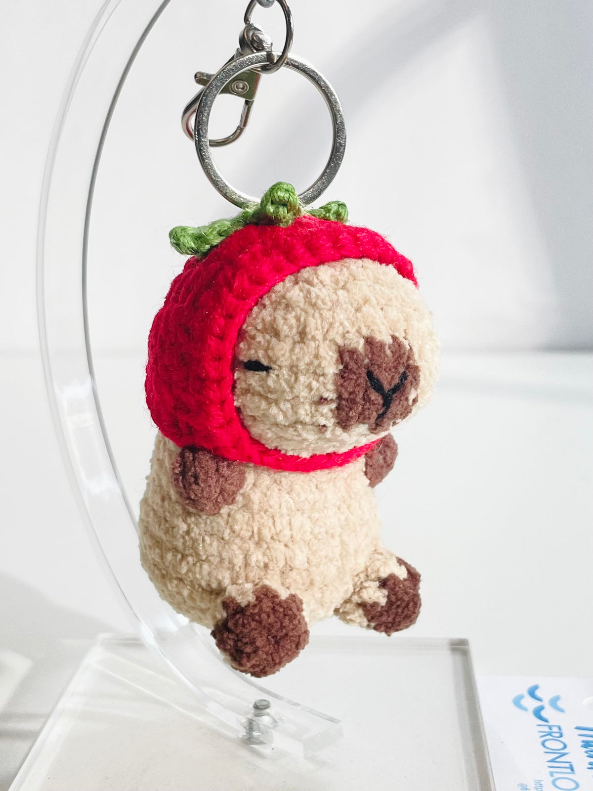 Crochet Capybara Keychain with Strawberry Hat, Handmade Animal Bag Charm, Kawaii Backpack Accessory