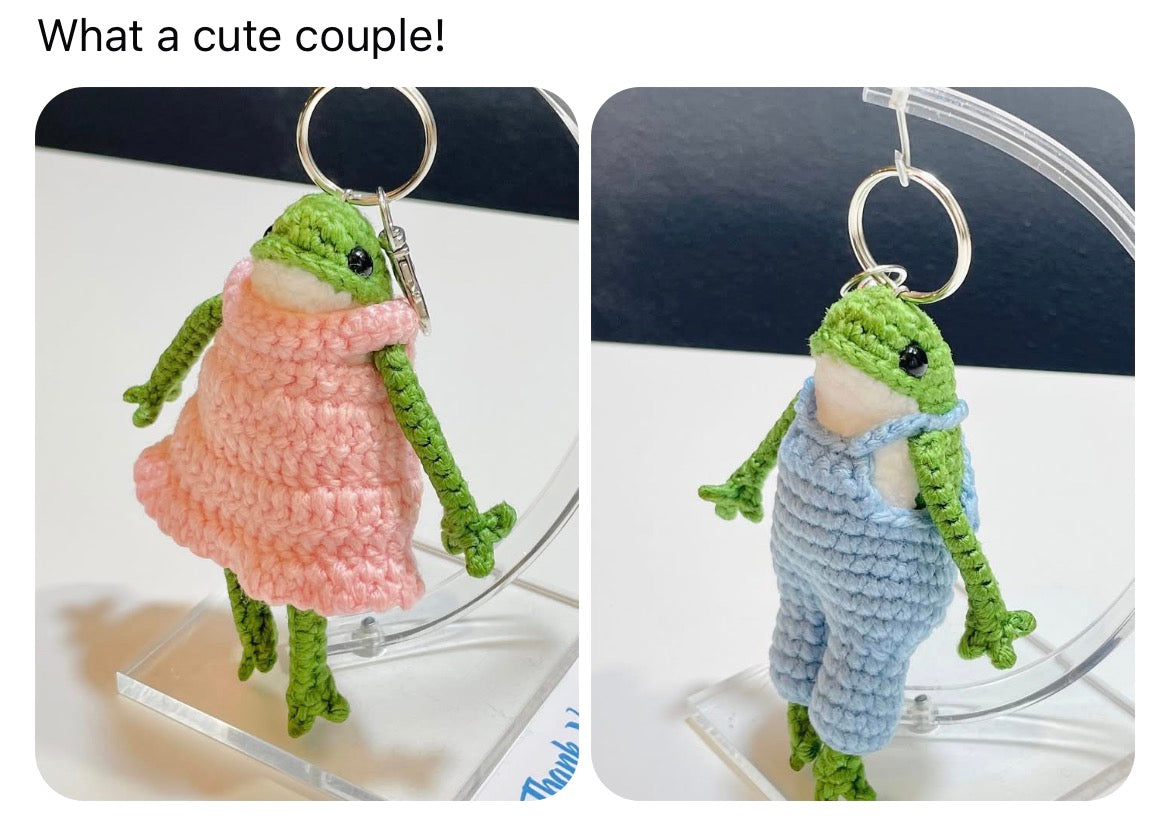 Crochet Frog Keychain – Frog in Dress or Overalls, Handmade Amigurumi Frog Bag Charm, Cute Gift