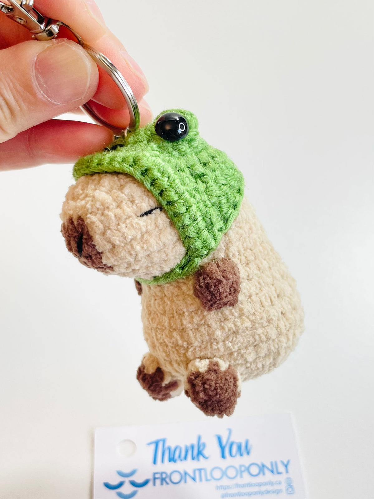 Crochet Chubby Capybara Keychain with Frog Hat, Handmade Animal Bag Charm, Amigurumi Backpack