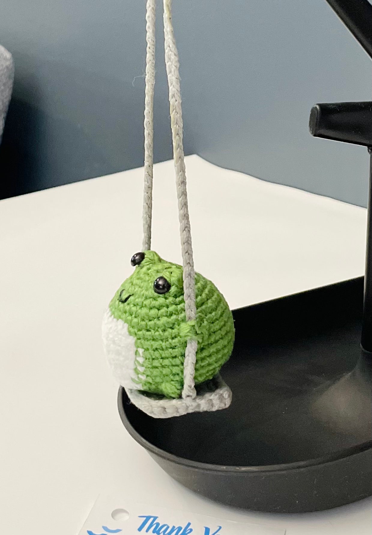 Crochet Frog on a Swing Car Charm – Handmade Rearview Mirror Hanging Ornament – Frog Car Accessory