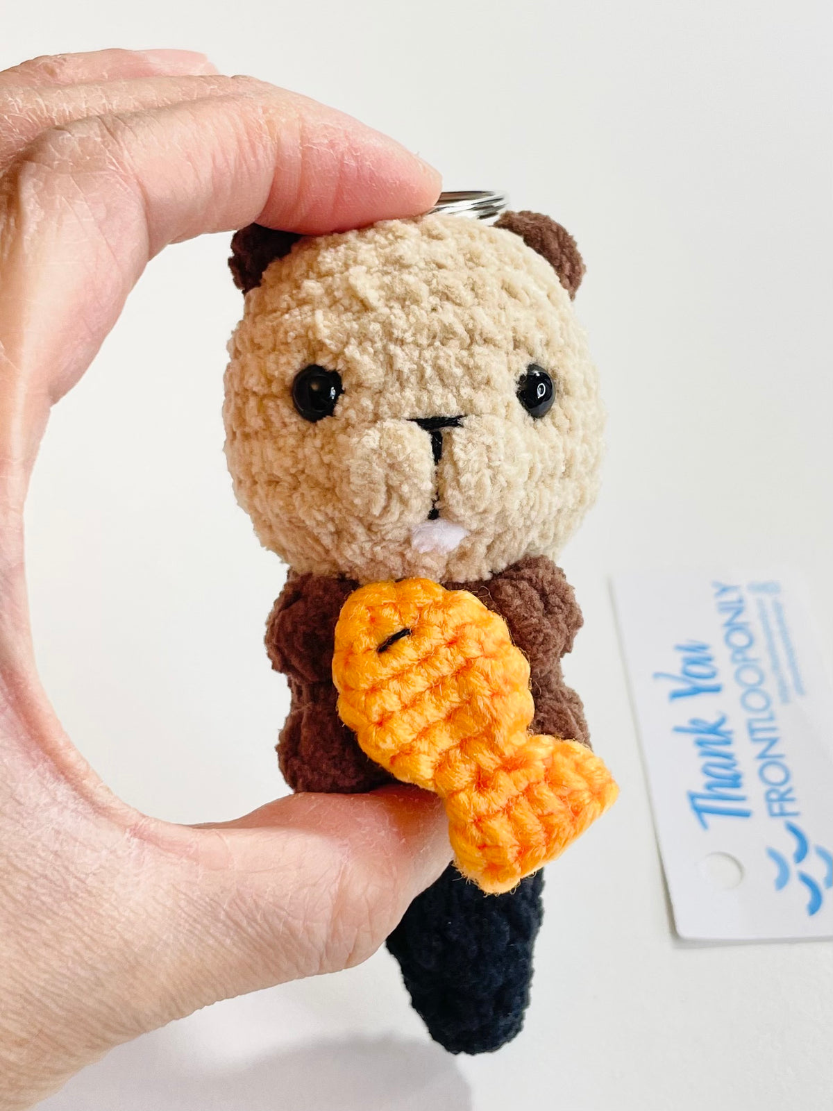 Crochet Beaver Keychain Holding Fish, Handmade Woodland Animal Bag Charm, Canadian Wildlife Gift