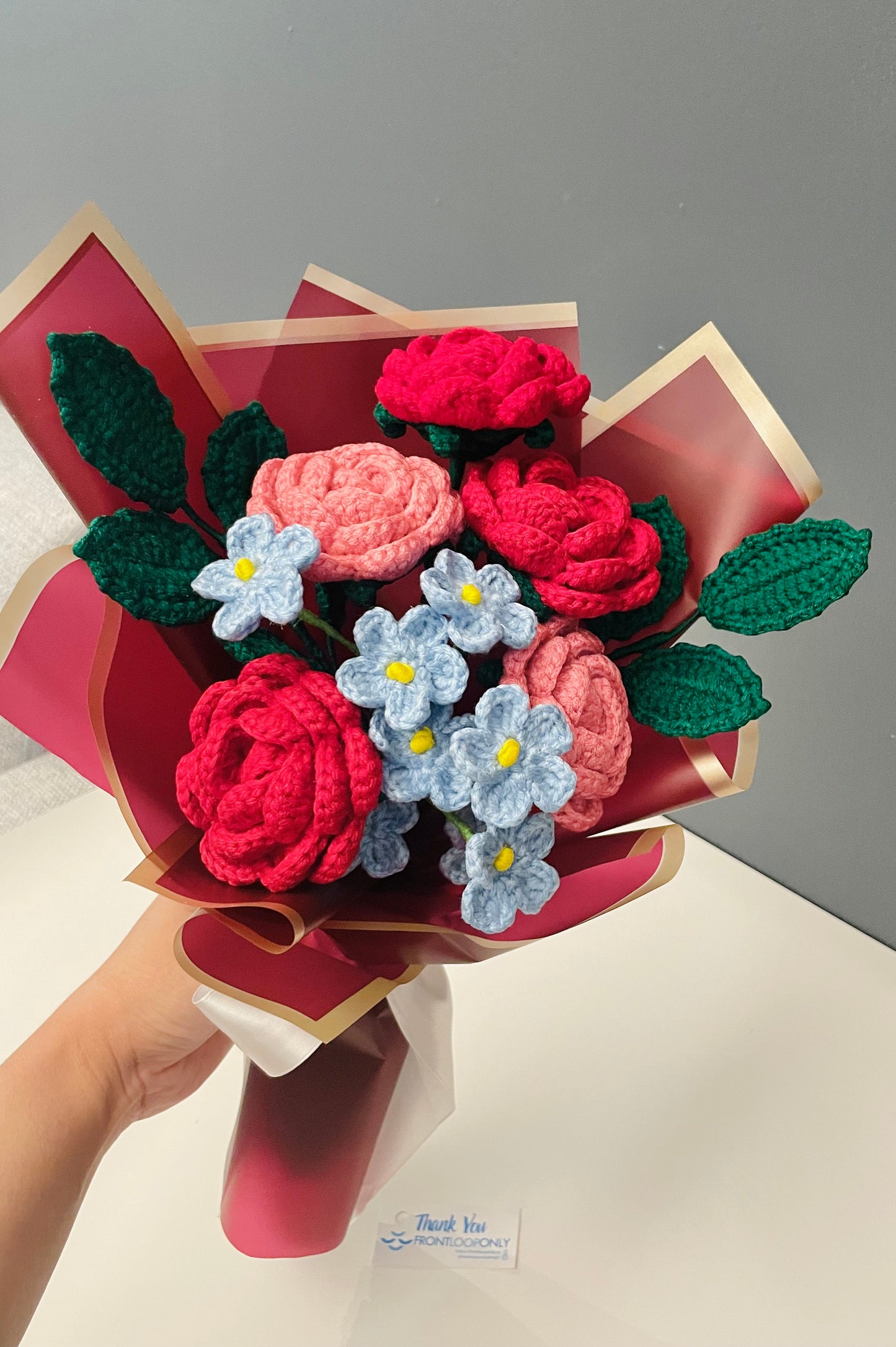 Crochet Flower Bouquet – Handmade Rose & Forget-Me-Not  Flowers Gift