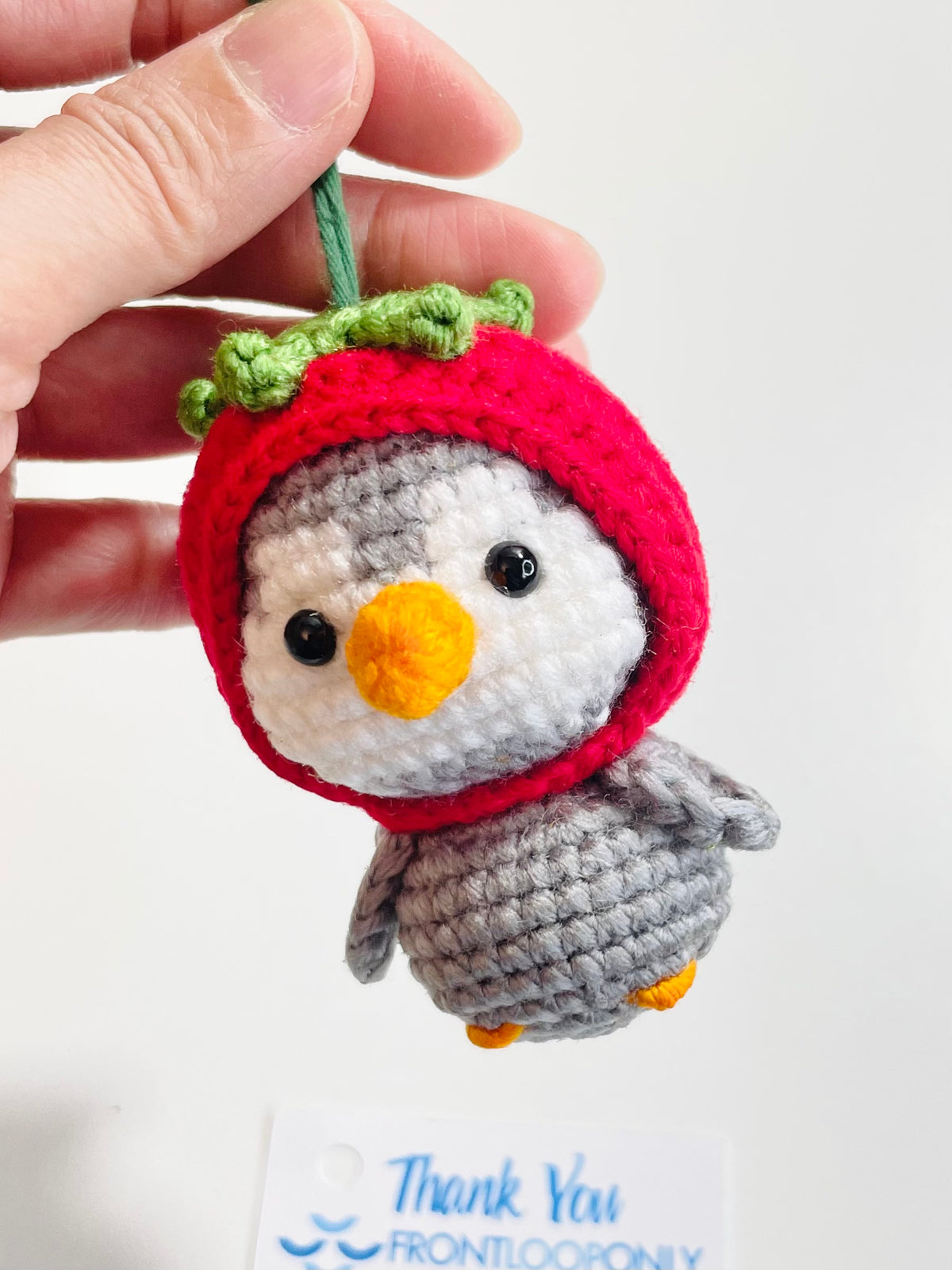 Crochet Penguin Ornament, Strawberry Hat Animal, Handmade Christmas Tree Decoration, Stocking Stuffer Gift