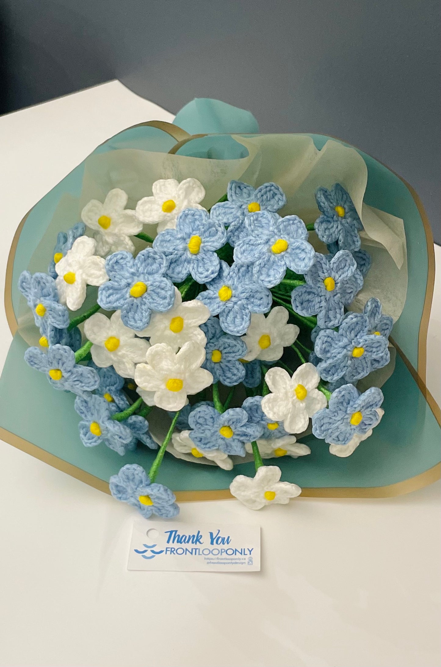Crochet Forget-Me-Not Bouquet – Handmade Blue Flower “Please Don’t Forget Me” Gift