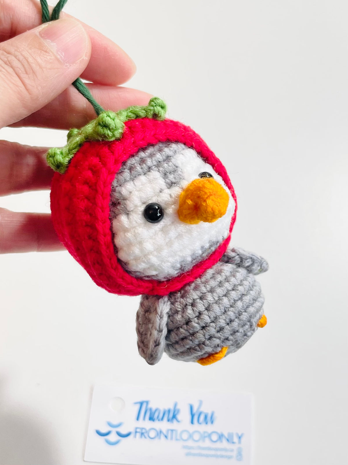 Crochet Penguin Ornament, Strawberry Hat Animal, Handmade Christmas Tree Decoration, Stocking Stuffer Gift