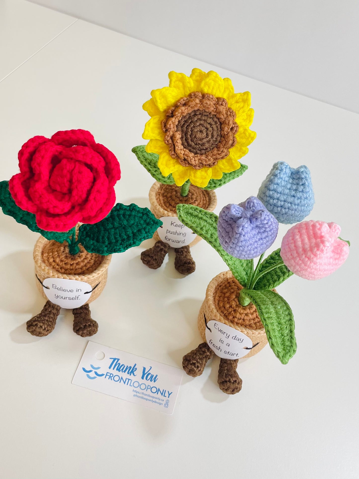 Crochet Flower Pot with Positive Message | Tulip, Sunflower, Rose Desk Decor