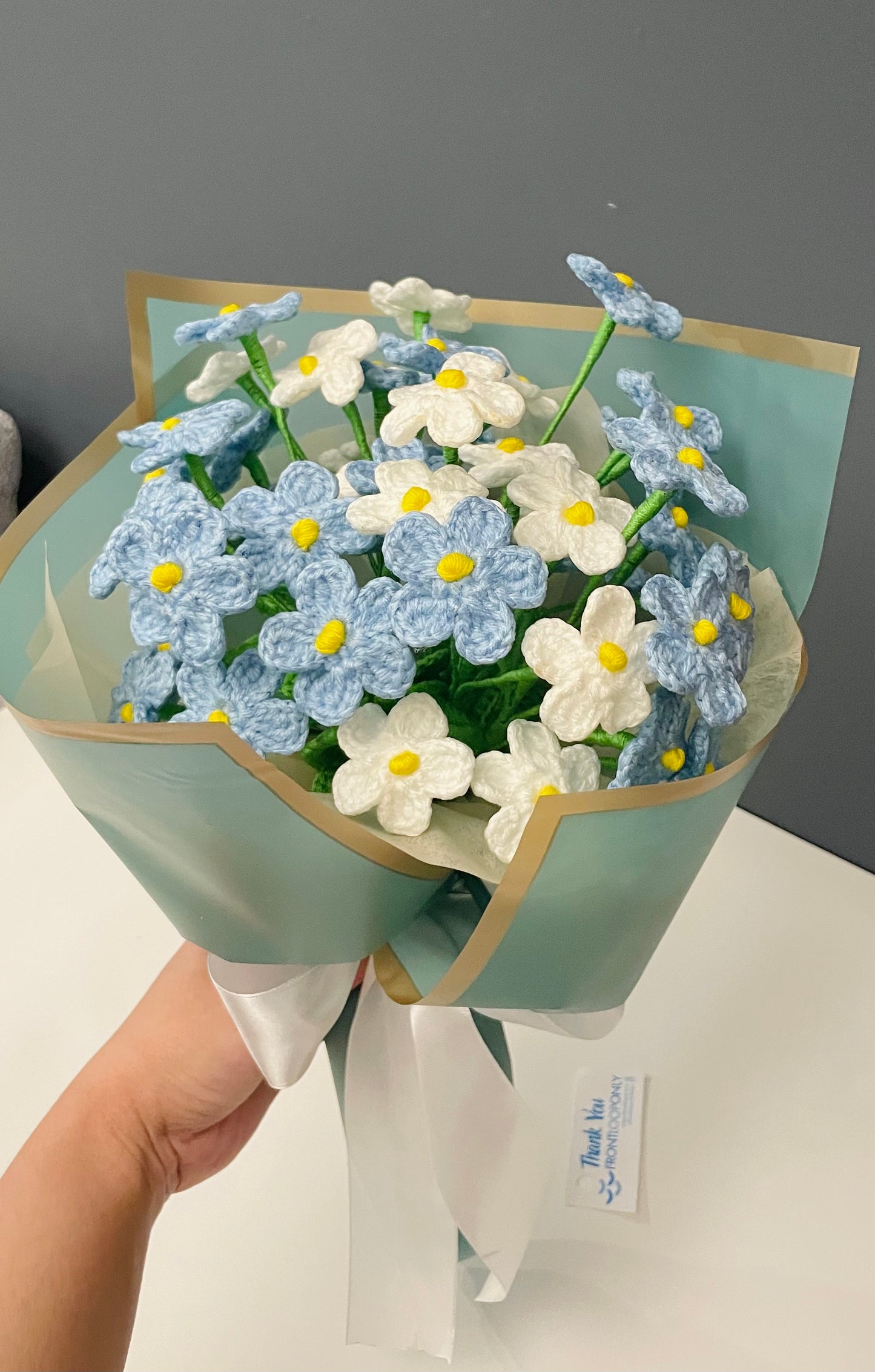 Crochet Forget-Me-Not Bouquet – Handmade Blue Flower “Please Don’t Forget Me” Gift