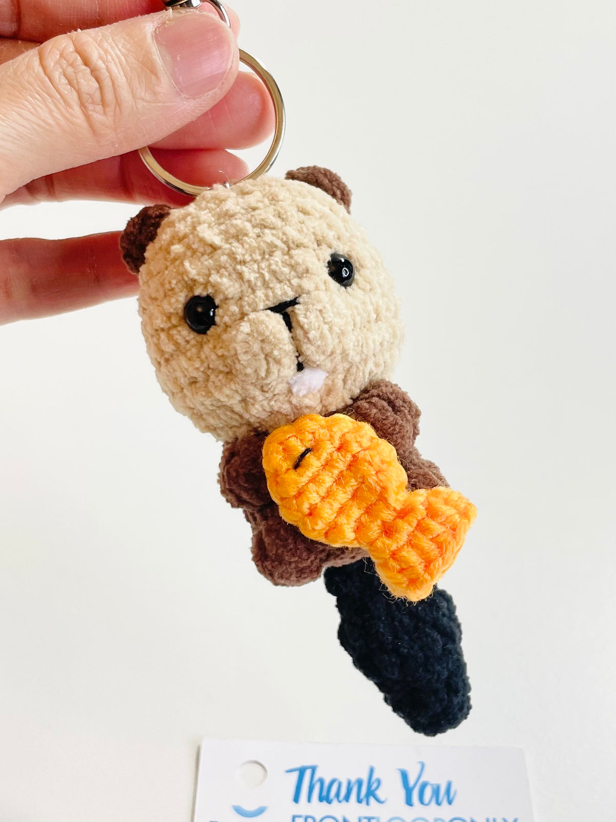 Crochet Beaver Keychain Holding Fish, Handmade Woodland Animal Bag Charm, Canadian Wildlife Gift