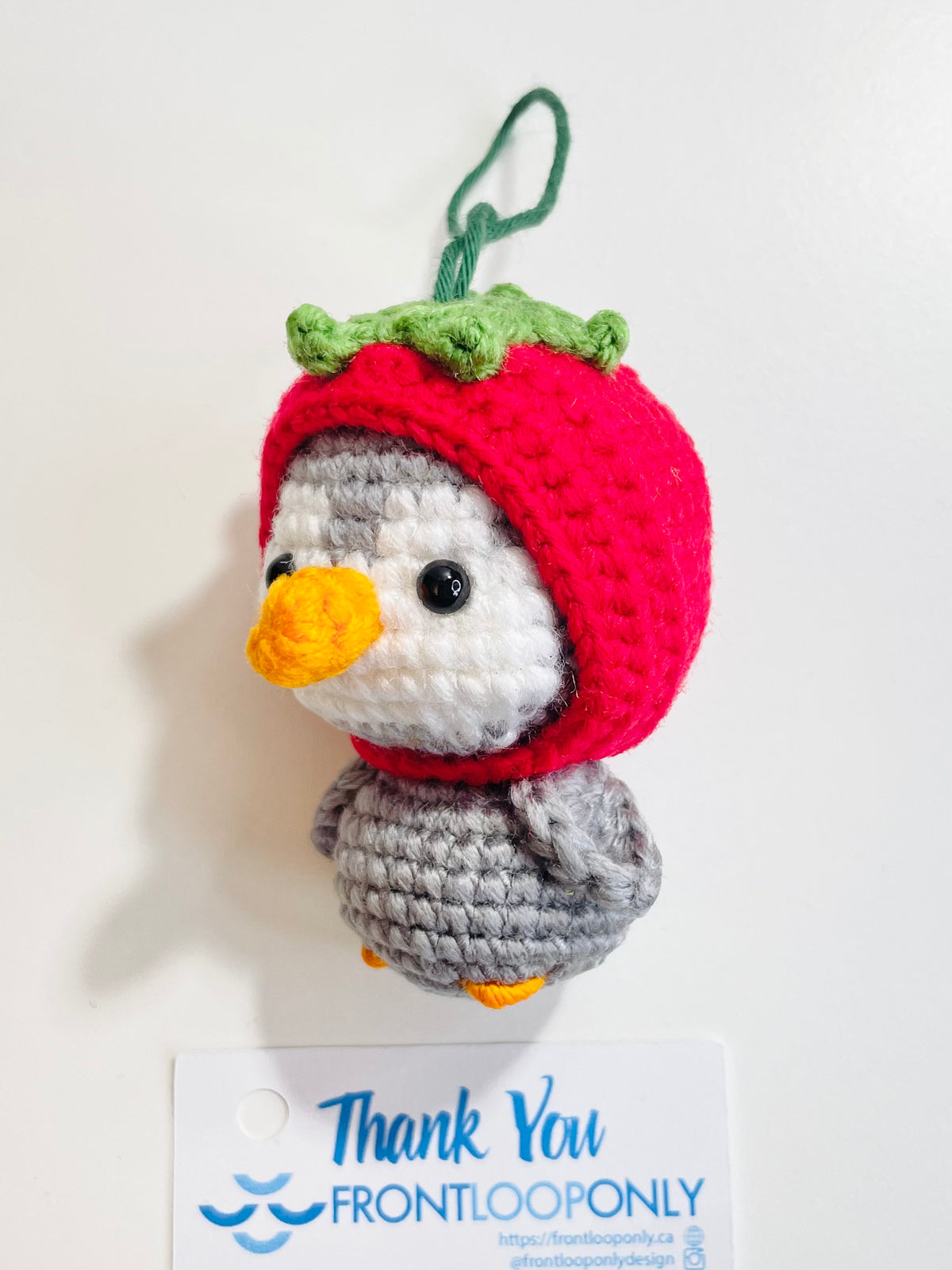 Crochet Penguin Ornament, Strawberry Hat Animal, Handmade Christmas Tree Decoration, Stocking Stuffer Gift