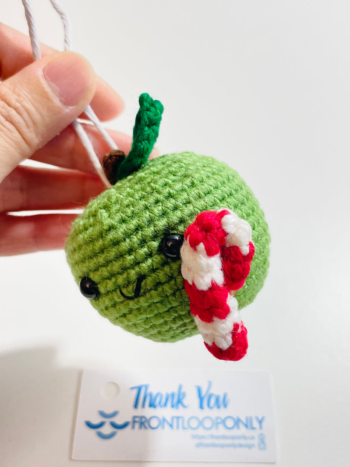 Handmade Crochet Apple Ornament, Candy Cane Christmas Decor, Teacher Gift, Fruit Keepsake