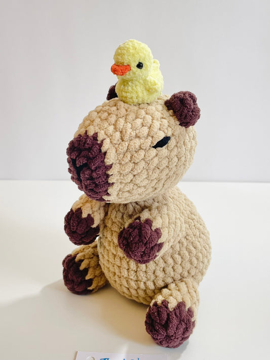 Crochet Capybara Plush with Duck Topper | Handmade Soft Stuffed Animal Companion